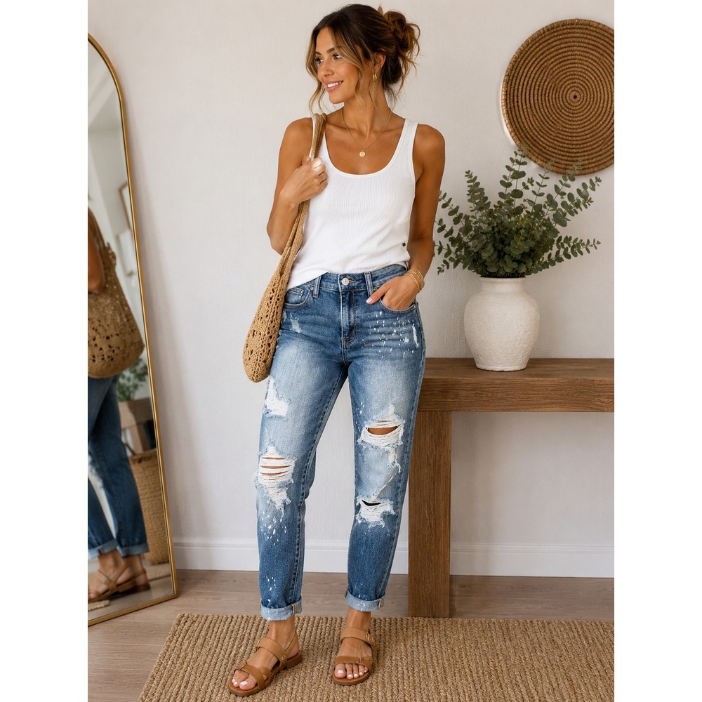 Judy Blue Boyfriend Fit Distressed Jeans Women's 7/28 Medium Wash Bleach Stretch